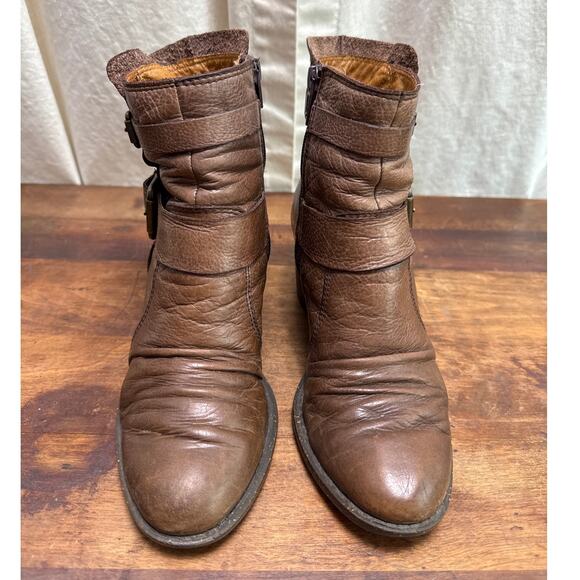 Naya Virtue Brown Leather Ankle Boots Women's Size 6 1/2 Buckle Zip Western Boho - Picture 1 of 14